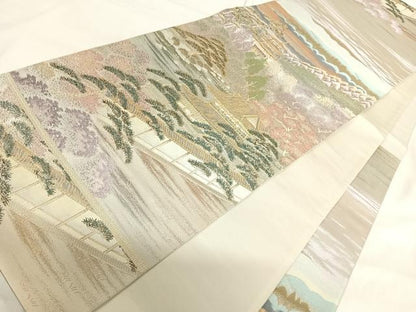 平和屋着物◎六通柄袋帯　唐織　風景文　金糸　正絹　逸品　AABH0223yx