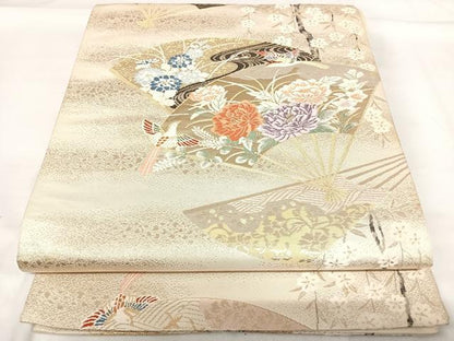 平和屋着物◎西陣 六通柄袋帯 唐織 扇面花鳥文 金糸 正絹 逸品 AABH0233yx