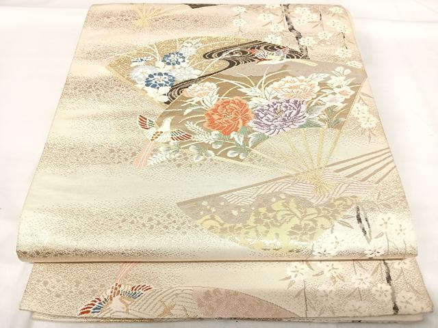 平和屋着物◎西陣 六通柄袋帯 唐織 扇面花鳥文 金糸 正絹 逸品 AABH0233yx