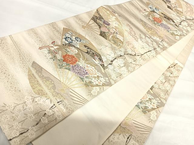 平和屋着物◎西陣 六通柄袋帯 唐織 扇面花鳥文 金糸 正絹 逸品 AABH0233yx
