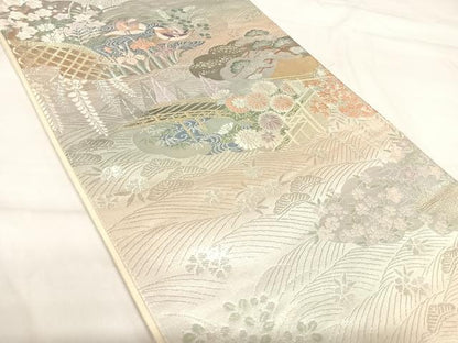 平和屋着物◎六通柄袋帯　唐織　風景花文　プラチナ純銀箔二重織　正絹　逸品　AABH0237yx