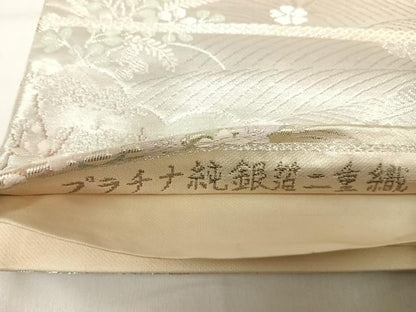 平和屋着物◎六通柄袋帯　唐織　風景花文　プラチナ純銀箔二重織　正絹　逸品　AABH0237yx