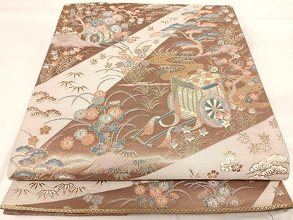 平和屋着物◎六通柄袋帯 唐織 御所車花文 金糸 正絹 逸品 AABH0238yx
