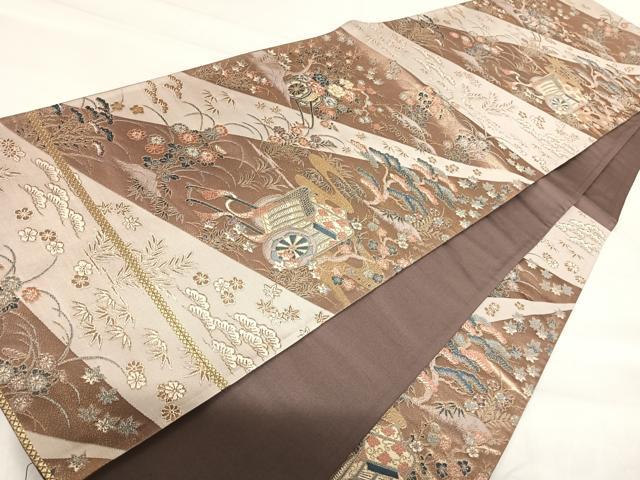 平和屋着物◎六通柄袋帯 唐織 御所車花文 金糸 正絹 逸品 AABH0238yx