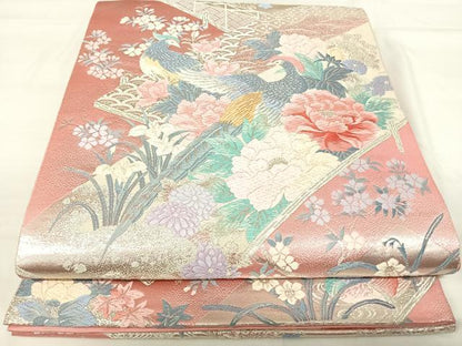 平和屋着物◎六通柄袋帯 唐織 花鳥文 銀糸 正絹 逸品 AABH0247yx