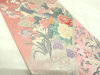 平和屋着物◎六通柄袋帯 唐織 花鳥文 銀糸 正絹 逸品 AABH0247yx