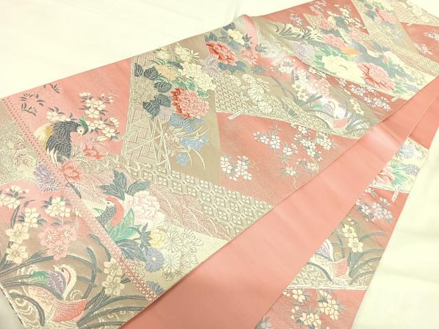 平和屋着物◎六通柄袋帯 唐織 花鳥文 銀糸 正絹 逸品 AABH0247yx