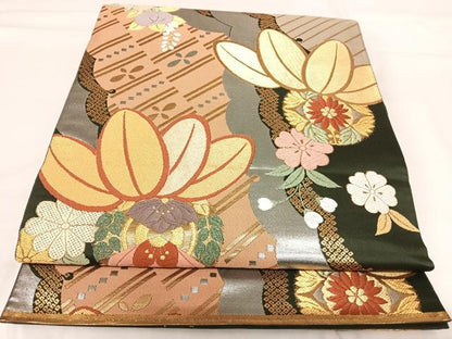 平和屋着物◎全通柄袋帯 唐織 草花文 金銀糸 正絹 逸品 AABH0248yx