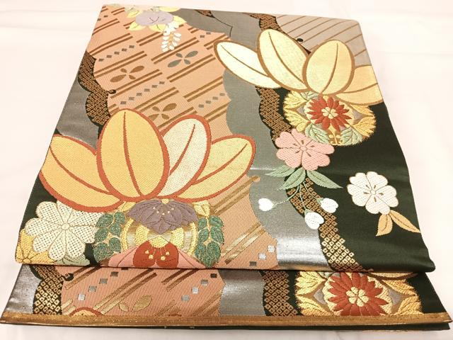 平和屋着物◎全通柄袋帯 唐織 草花文 金銀糸 正絹 逸品 AABH0248yx