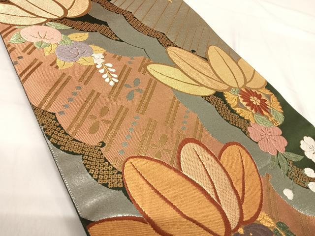 平和屋着物◎全通柄袋帯 唐織 草花文 金銀糸 正絹 逸品 AABH0248yx
