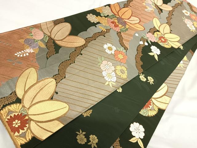 平和屋着物◎全通柄袋帯 唐織 草花文 金銀糸 正絹 逸品 AABH0248yx