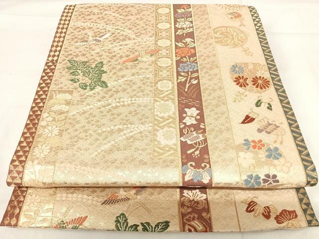 平和屋着物◎六通柄袋帯 唐織 飛鶴花文 金糸 正絹 逸品 AABH0249yx