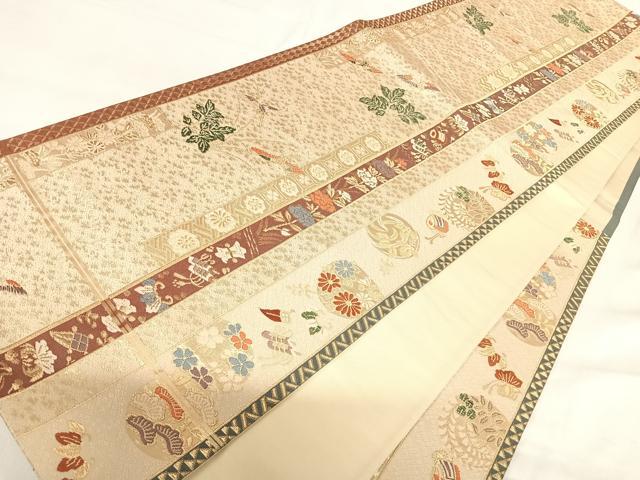 平和屋着物◎六通柄袋帯 唐織 飛鶴花文 金糸 正絹 逸品 AABH0249yx