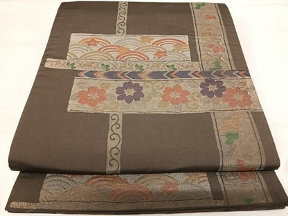 平和屋着物◎六通柄袋帯 横段花文 金糸 正絹 逸品 AABH0252yx