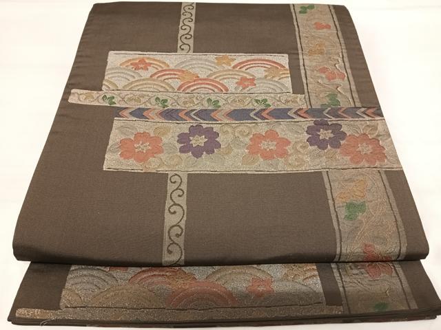 平和屋着物◎六通柄袋帯 横段花文 金糸 正絹 逸品 AABH0252yx
