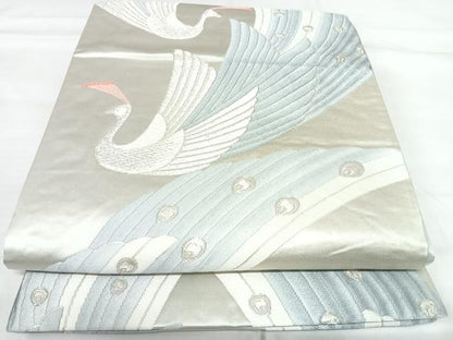平和屋着物◎六通柄袋帯　唐織　孔雀　銀糸　正絹　逸品　AABH0258yx