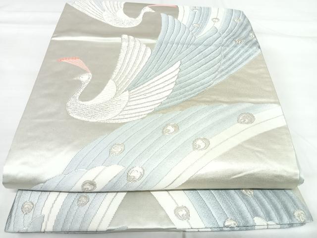 平和屋着物◎六通柄袋帯　唐織　孔雀　銀糸　正絹　逸品　AABH0258yx
