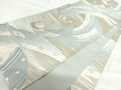 平和屋着物◎六通柄袋帯　唐織　孔雀　銀糸　正絹　逸品　AABH0258yx