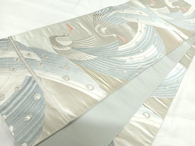 平和屋着物◎六通柄袋帯　唐織　孔雀　銀糸　正絹　逸品　AABH0258yx