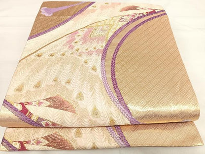 平和屋着物◎六通柄袋帯　唐織　孔雀　金糸　正絹　逸品　AABH0259yx