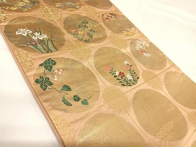 平和屋着物◎太鼓柄袋帯　唐織　花鳥丸文　金糸　正絹　逸品　AABH0264yx