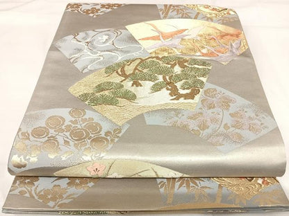 平和屋着物◎六通柄袋帯　唐織　地紙飛鶴花文　金銀糸　正絹　逸品　AABH0269yx