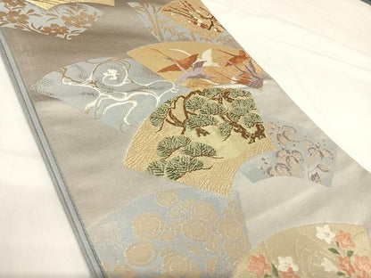 平和屋着物◎六通柄袋帯　唐織　地紙飛鶴花文　金銀糸　正絹　逸品　AABH0269yx