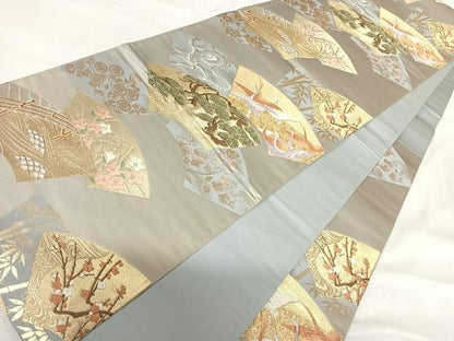 平和屋着物◎六通柄袋帯　唐織　地紙飛鶴花文　金銀糸　正絹　逸品　AABH0269yx