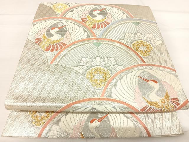 平和屋着物◎六通柄袋帯　唐織　花青海波　鶴　金銀糸　正絹　逸品　AABH0270yx