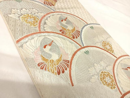 平和屋着物◎六通柄袋帯　唐織　花青海波　鶴　金銀糸　正絹　逸品　AABH0270yx