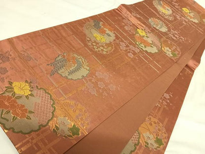 平和屋着物◎六通柄袋帯 唐織 雪輪花文 金糸 正絹 逸品 AABH0271yx
