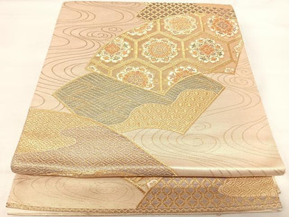 平和屋着物◎六通柄袋帯　地紙花文　金糸　正絹　逸品　AABH0272yx
