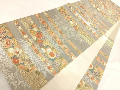 平和屋着物◎六通柄袋帯　唐織　横段花文　金銀糸　正絹　逸品　AABH0273yx