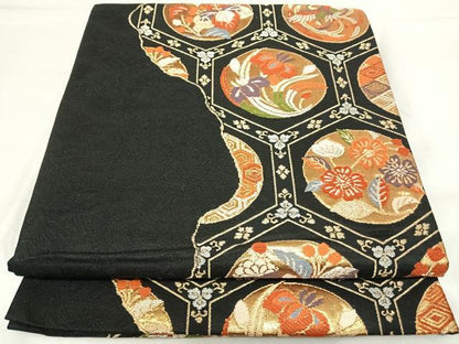 平和屋着物◎六通柄袋帯　花鳥文　黒地　金銀糸　正絹　逸品　AABH0274yx
