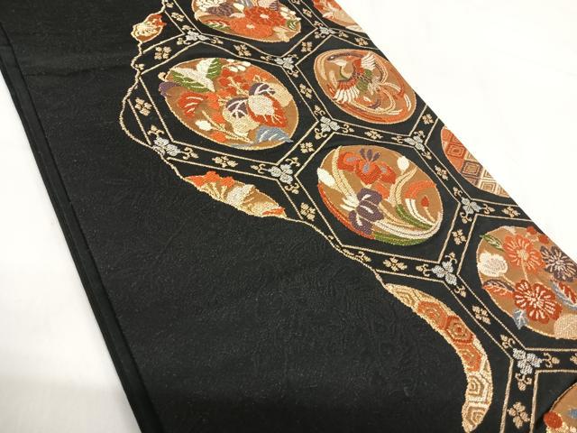 平和屋着物◎六通柄袋帯　花鳥文　黒地　金銀糸　正絹　逸品　AABH0274yx