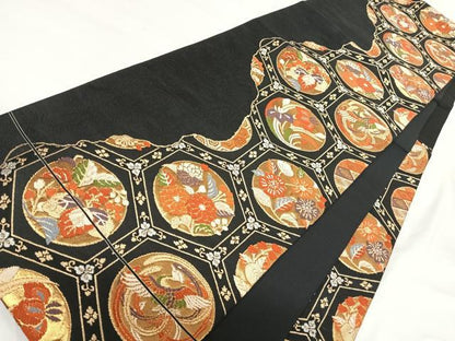 平和屋着物◎六通柄袋帯　花鳥文　黒地　金銀糸　正絹　逸品　AABH0274yx