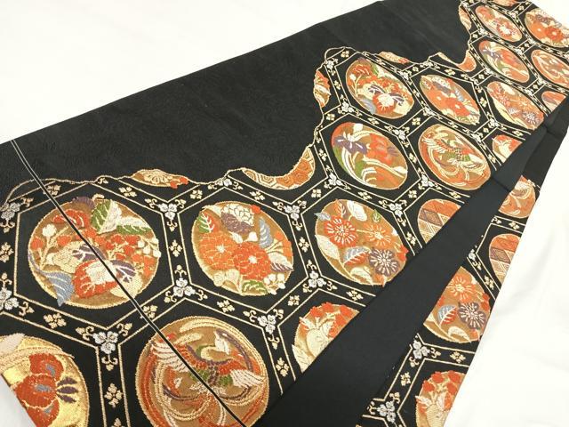 平和屋着物◎六通柄袋帯　花鳥文　黒地　金銀糸　正絹　逸品　AABH0274yx
