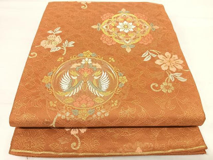 平和屋着物◎六通柄袋帯 花鳥文 金糸 正絹 逸品 AABH0276yx