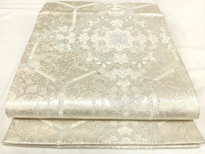 平和屋着物◎六通柄袋帯 唐織 亀甲花文 銀糸 正絹 逸品 AABH0281yx