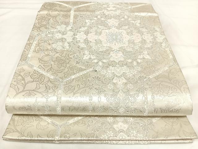 平和屋着物◎六通柄袋帯 唐織 亀甲花文 銀糸 正絹 逸品 AABH0281yx