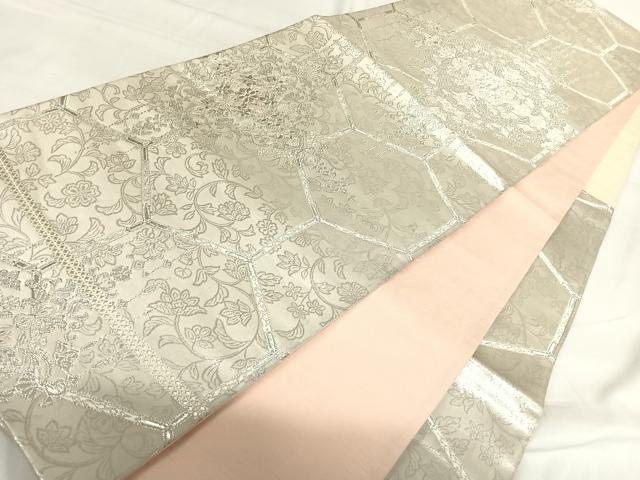 平和屋着物◎六通柄袋帯 唐織 亀甲花文 銀糸 正絹 逸品 AABH0281yx