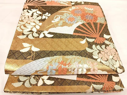 平和屋着物◎佐賀錦 六通柄袋帯 唐織 花扇 金糸 正絹 逸品 AABH0284yx