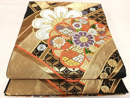 平和屋着物◎六通柄袋帯 唐織 吉祥花文 黒地 金銀糸 正絹 逸品 AABH0285yx