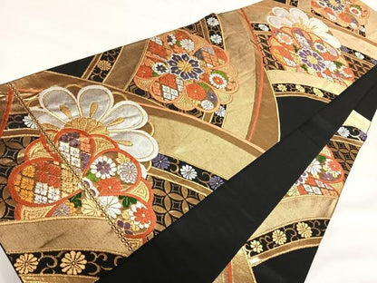 平和屋着物◎六通柄袋帯 唐織 吉祥花文 黒地 金銀糸 正絹 逸品 AABH0285yx