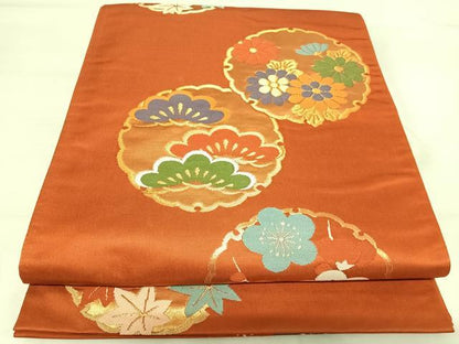 平和屋着物◎六通柄袋帯 雪輪花文 金糸 正絹 逸品 AABH0288yx