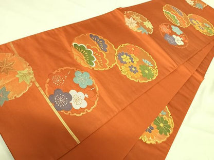 平和屋着物◎六通柄袋帯 雪輪花文 金糸 正絹 逸品 AABH0288yx
