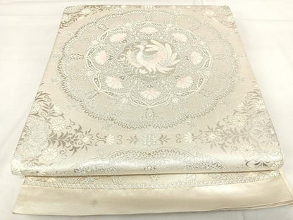 平和屋着物◎六通柄袋帯　唐織　孔雀花文　銀糸　正絹　逸品　AABH0291yx