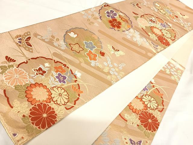 平和屋着物◎六通柄袋帯　唐織　雪輪花蝶文　金糸　正絹　逸品　AABH0298yx