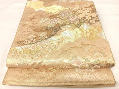 平和屋着物◎六通柄袋帯　流水花文　金銀糸　正絹　逸品　AABH0299yx