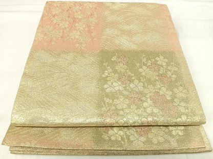 平和屋着物◎六通柄袋帯　市松花文　金糸　正絹　逸品　AABH0309yx